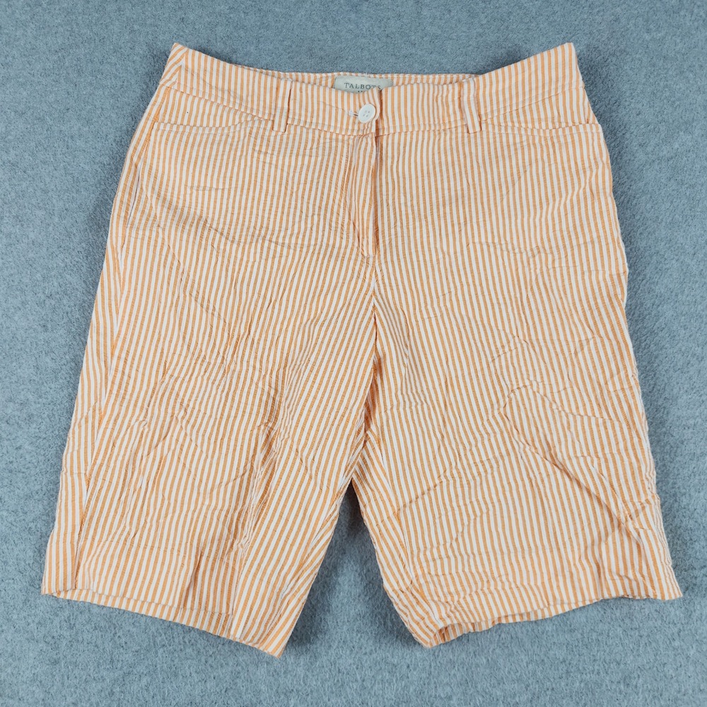Talbots Bermuda Shorts Womens 6 Orange White Seersucker Striped Cotton Summer